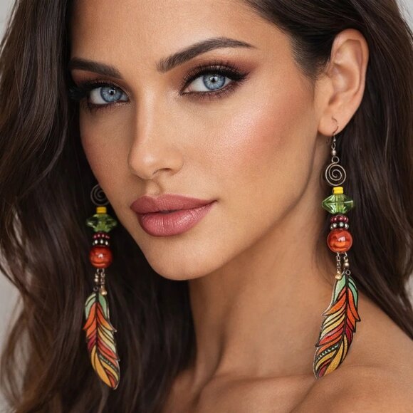 Hand Crafted Jewelry - Artisan Hand Crafted Earrings, Painted Wood Feathers Beaded Pierced NWT